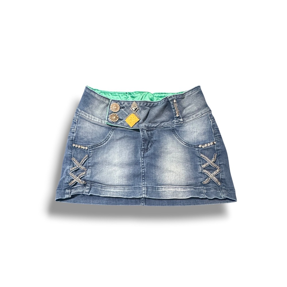 Y2K‎ VTG Set Jeans Deluxe Rhinestone Embellished denim micro mini skirt Mcbling